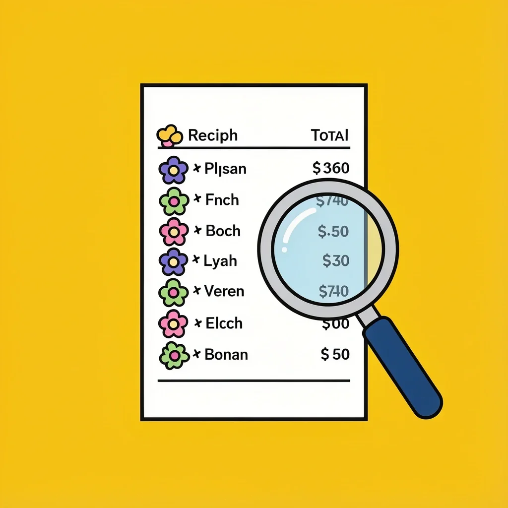 Pricing Breakdown Receipt with itemized flower icons and price tags, magnifying glass over total