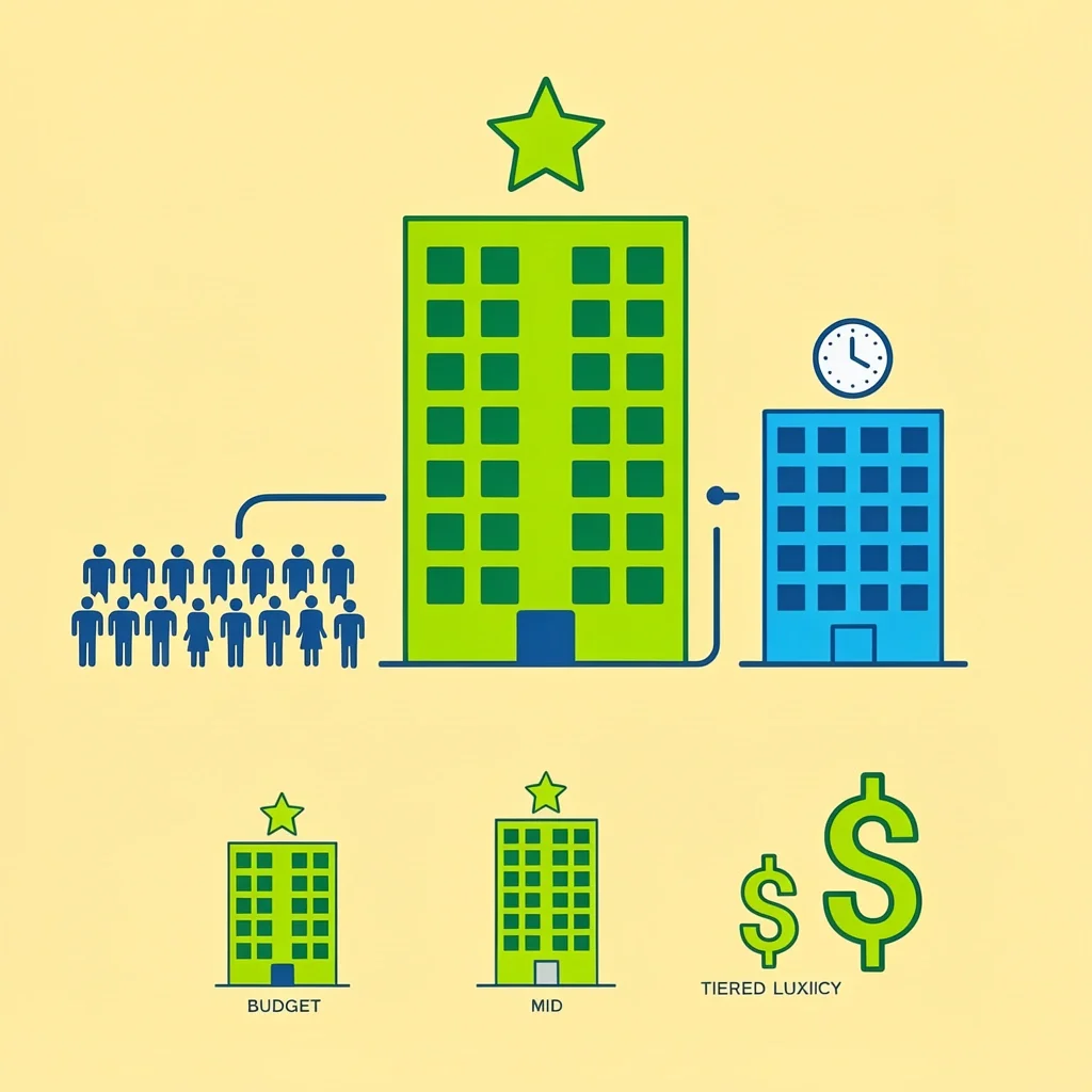 Primary Overflow vs Tiered Pricing Wedding Hotels 2D illustration of primary and overflow hotels with tiered pricing icons below