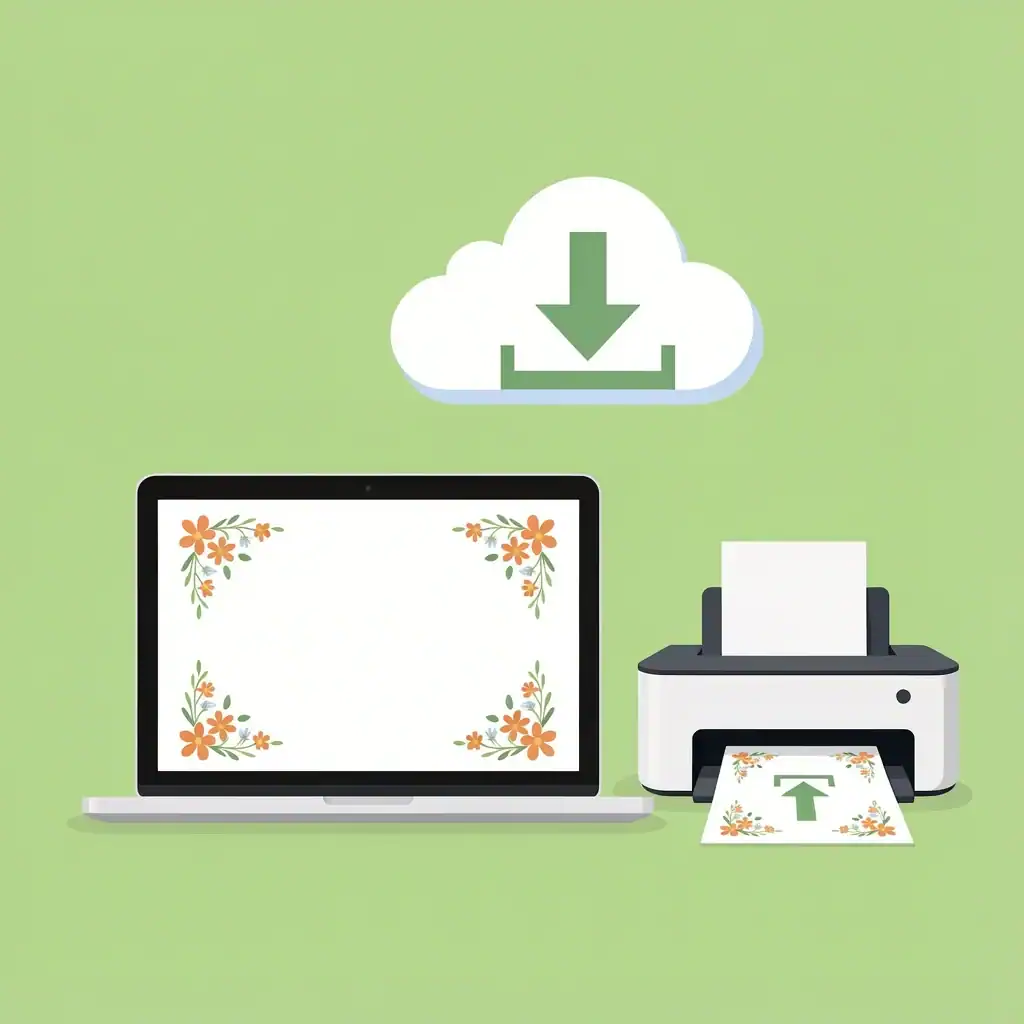 Printable Card Template Illustration Laptop showing a seasonal card template with printer and digital download icon representing printable templates