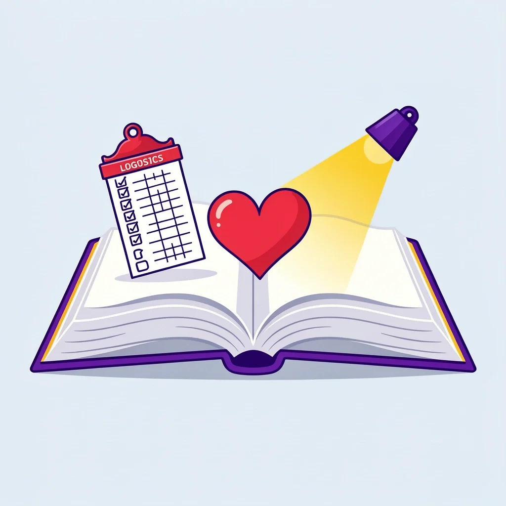 Open book stage with icons for seating chart, heart, and spotlight representing logistics, honor, and drama