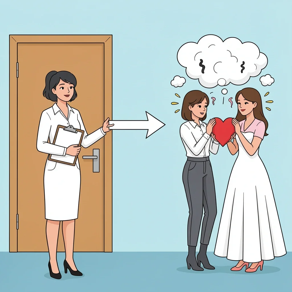 Alegria style illustration of a planner maintaining professional boundaries with a couple