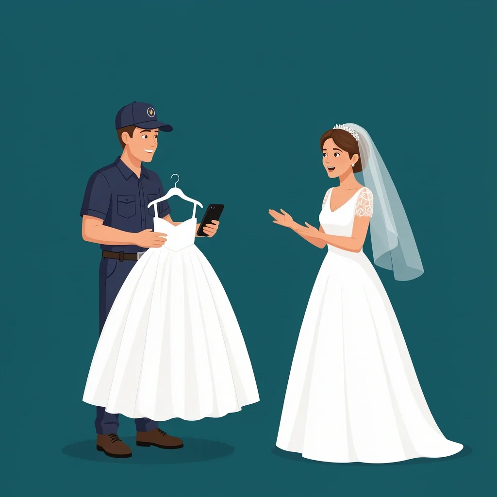 Professional cleaner on phone with bride about glycerin bubble stain on wedding dress