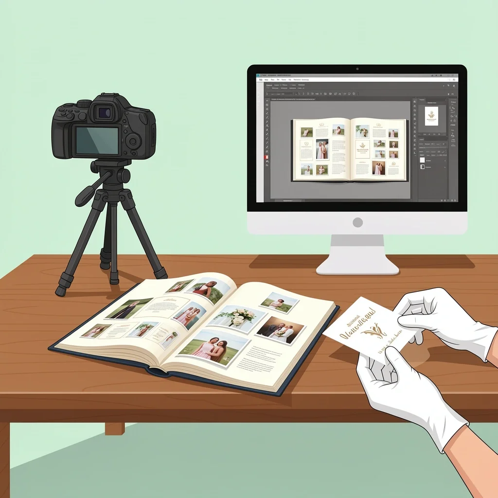 Professional card preservation service with camera, book, and design interface
