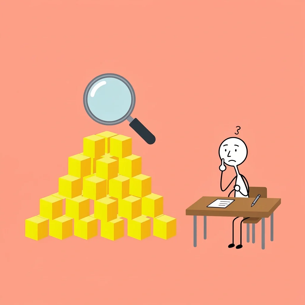 Three-tier pyramid with magnifying glass and stick figure at desk brainstorming memories