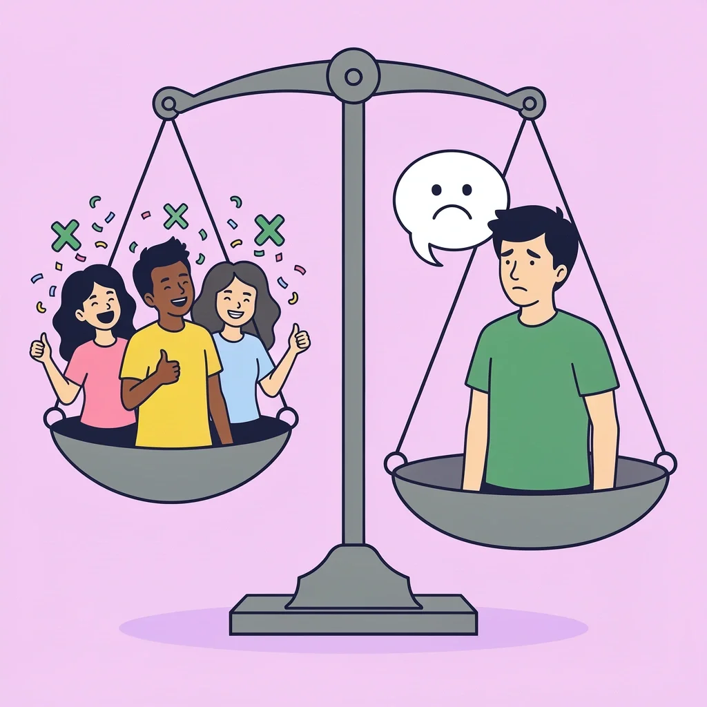 Balance scale comparing pros and cons of announcing wedding party with happy and shy people