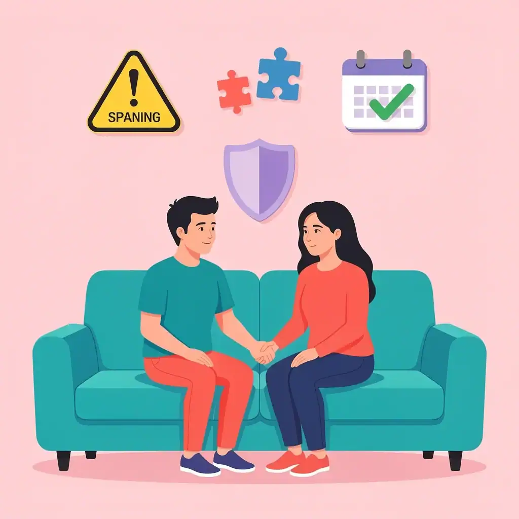 Relationship Protection During Wedding Planning A couple sitting together with a shield symbol, surrounded by icons for spotting warning signs, dividing roles, and weekly check-ins