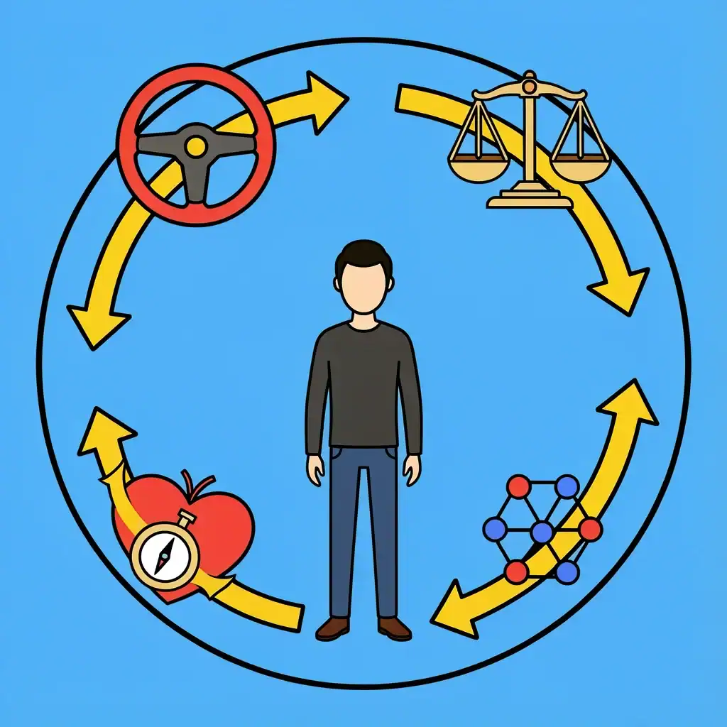 Putting It All Together Burnout Prevention A circular diagram with four key icons: steering wheel, balanced scale, heart with compass, and connected dots, all linked by arrows, symbolizing putting all burnout prevention keys together