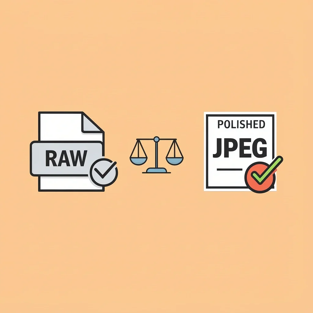 Raw vs JPEG Storage Difference Comparison icon of raw file and edited JPEG with scale symbol