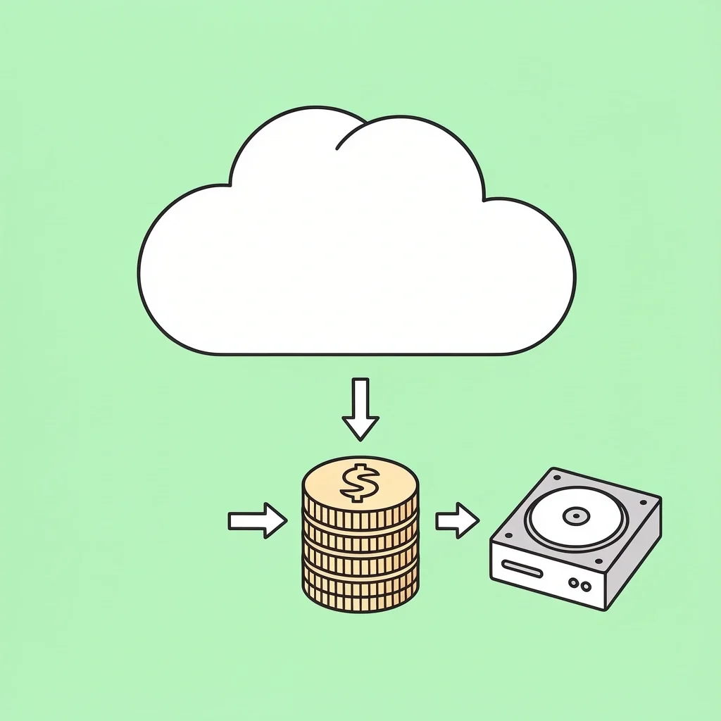 Cost Breakdown of Photo Archiving Cloud icon linked to coins and hard drive representing photo archiving expenses