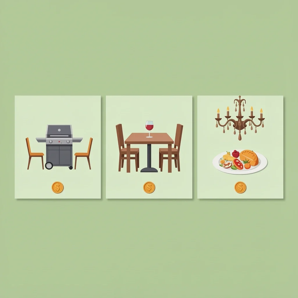 Three panels showing backyard BBQ, restaurant, and hotel ballroom scenes with coin icons representing different rehearsal dinner budget examples.