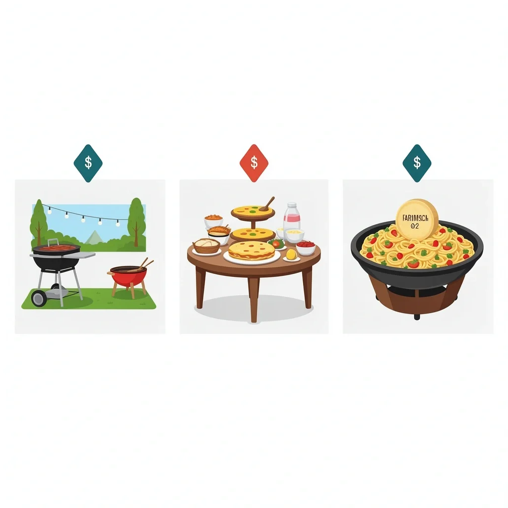 Three wedding case studies showing backyard BBQ, brunch with omelet station, and pasta station with Parmesan wheel.