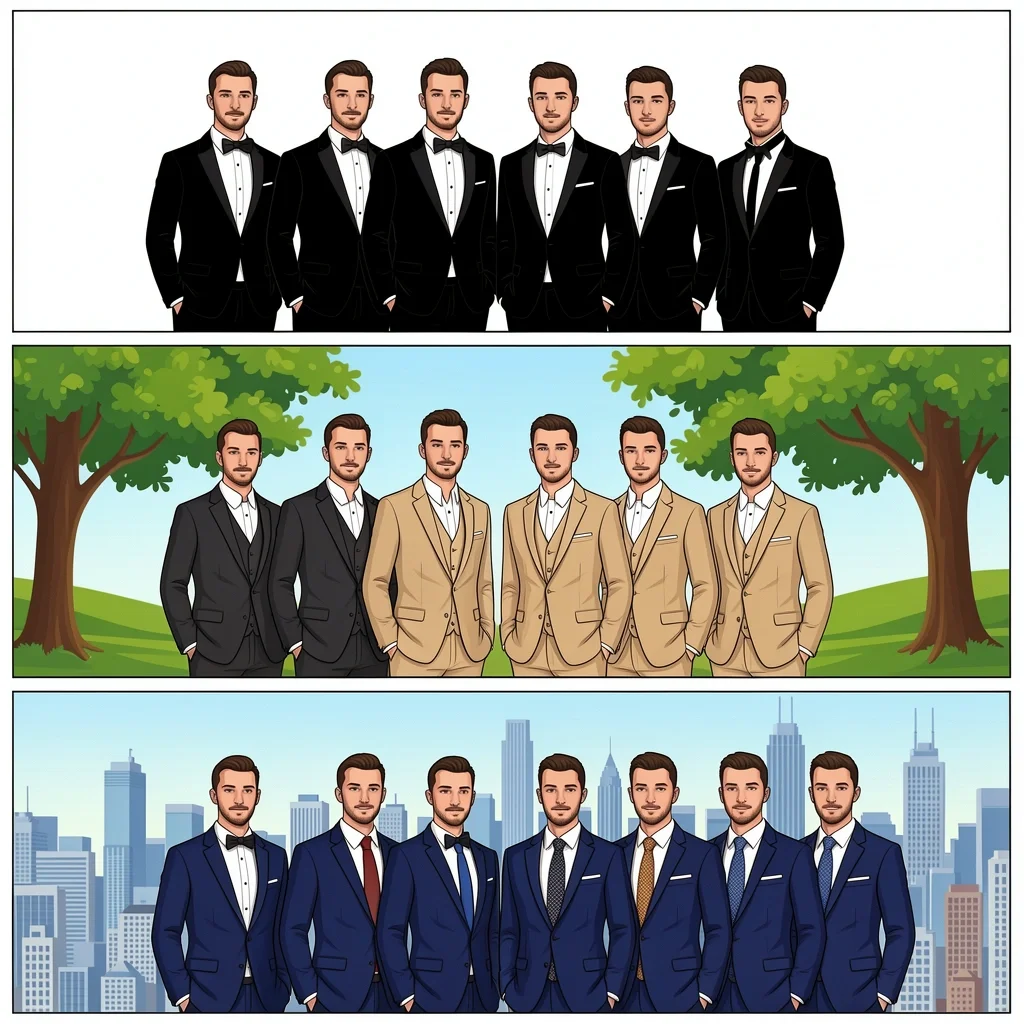 Real World Groomsmen Tuxedo Style Examples Three wedding party examples: classic black tie, rustic outdoor, and modern city, showing groom and groomsmen tuxedo combinations