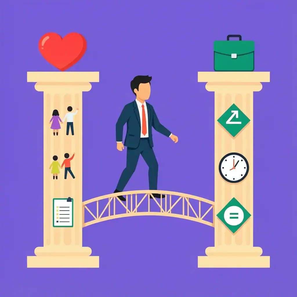 Realign Values to Avoid Burnout A faceless person building a bridge between a column with heart and family icons and a column with a briefcase and clock, symbolizing realigning values