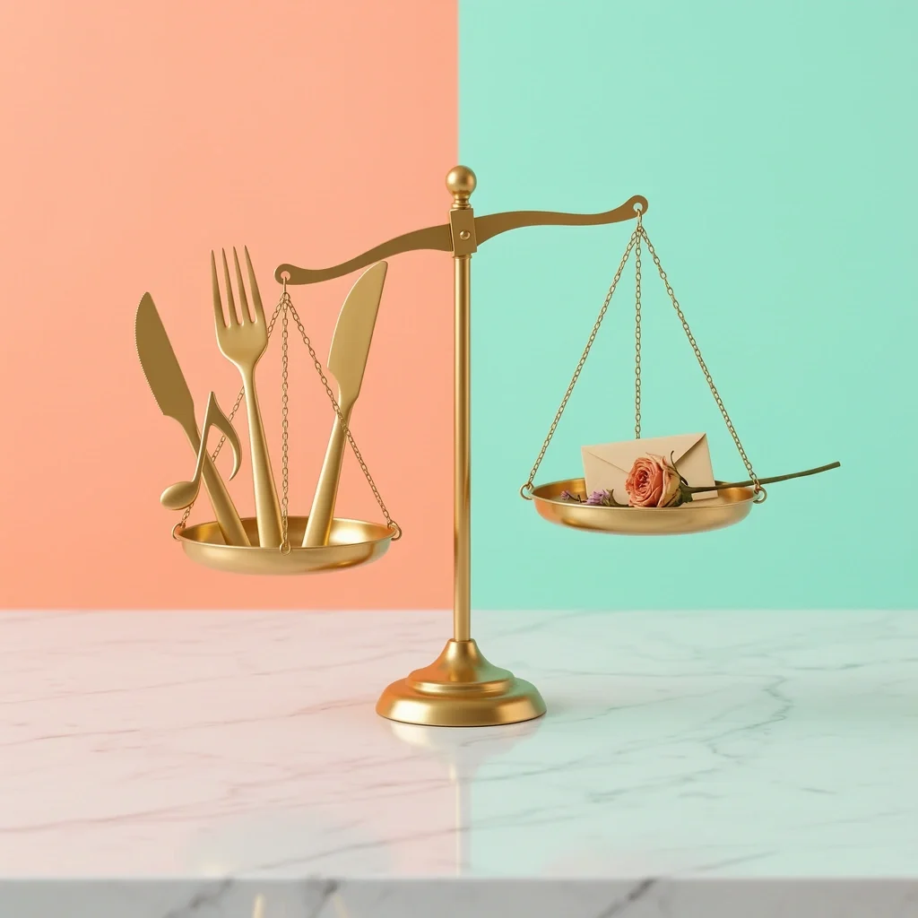 Budget scale tipping toward food and live music while florals and stationery are weighed down