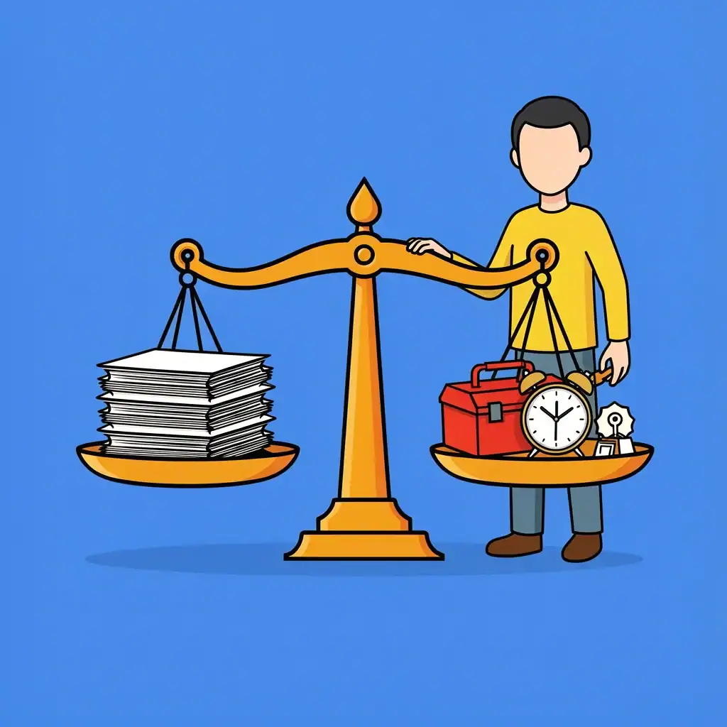 Rebalance Demands and Resources A balanced scale with papers on one side and a toolbox, clock, and support icon on the other, a person adjusting it, symbolizing rebalancing demands and resources