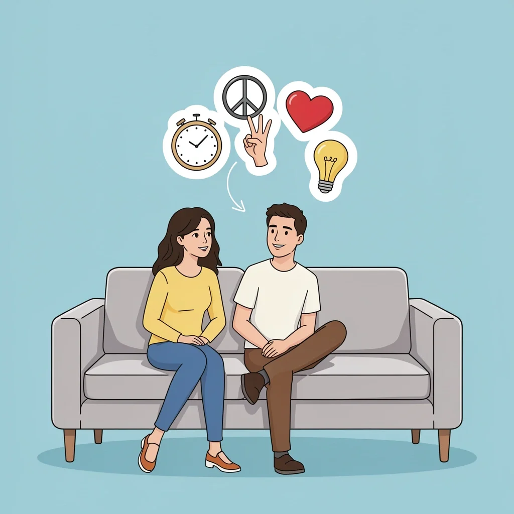 Signs of God in Marriage A couple on a sofa with floating icons of a clock, peace sign, heart, and lightbulb connected by arrows, representing ways to recognize God's intervention.