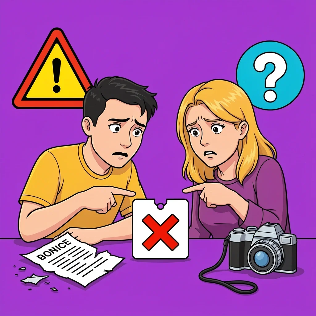 Red flags cheap wedding videographer warning signs Warning symbols like a caution triangle, torn contract, broken camera, and question mark around a low price tag.