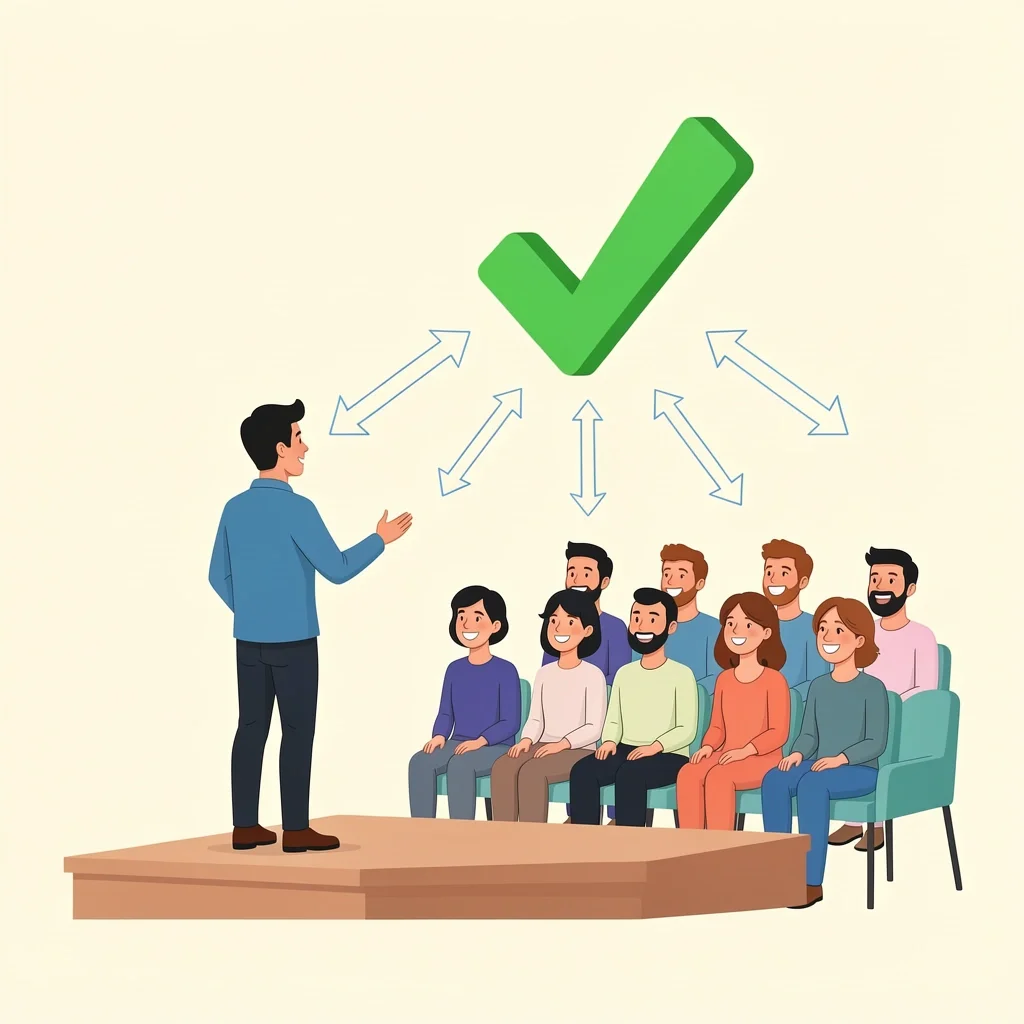Speaker on stage with checkmark icon above smiling audience showing approval and support