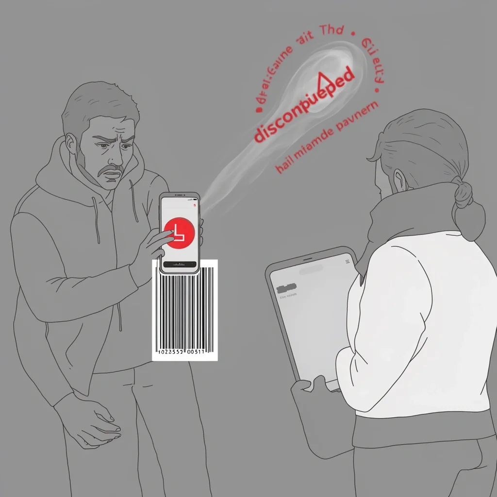 Frustrated user with smartphone scanning issues and discontinued item warning