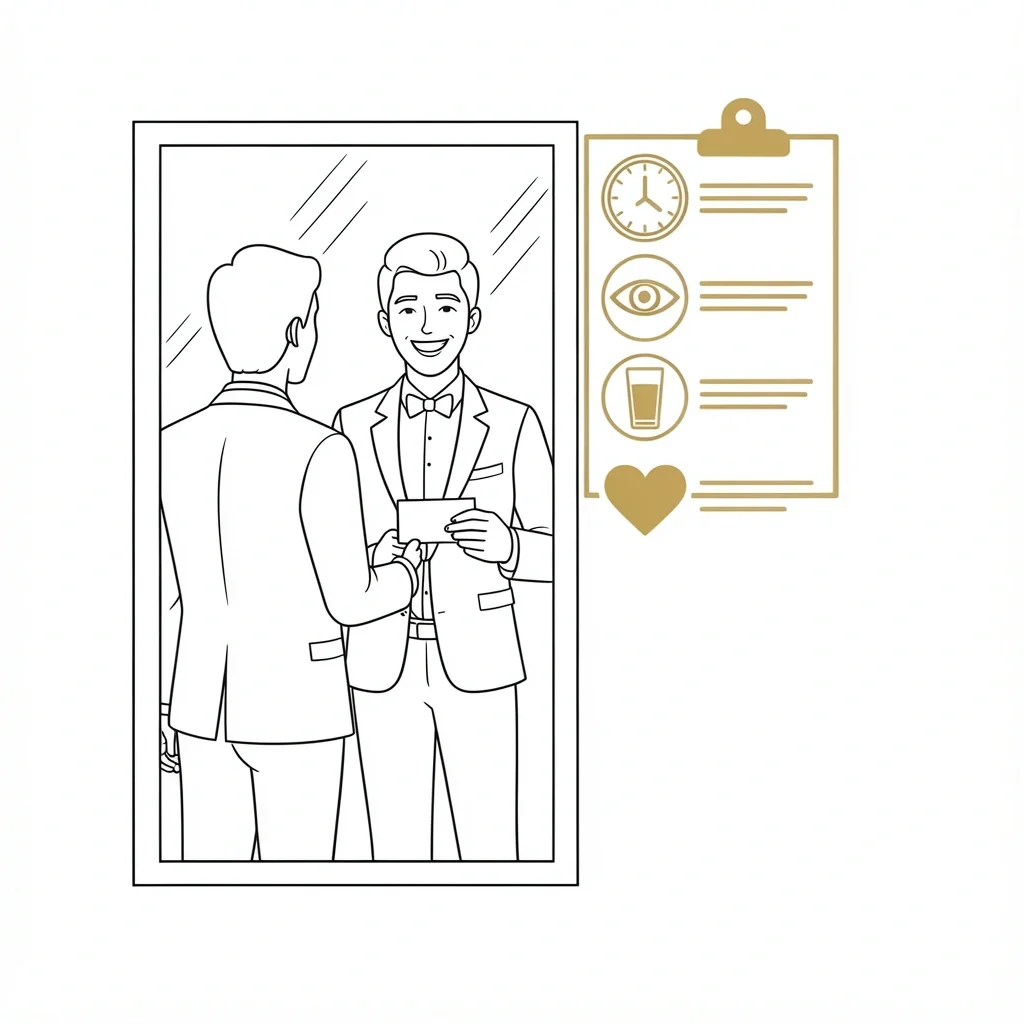 Toast Rehearsal Checklist Line art illustration of a person rehearsing a wedding toast with a checklist of delivery elements