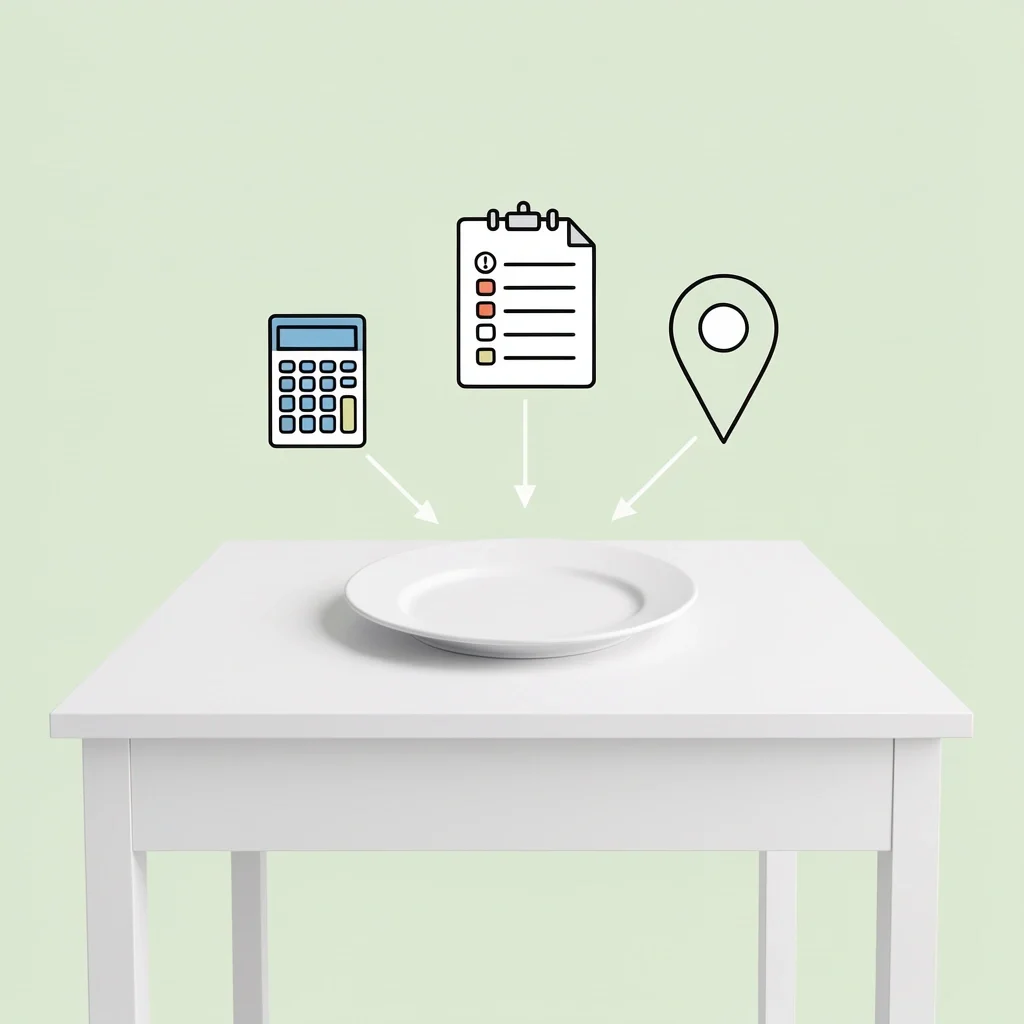 Minimalist illustration of a dinner table with calculator, guest list, and map pin icons representing rehearsal dinner budget planning.