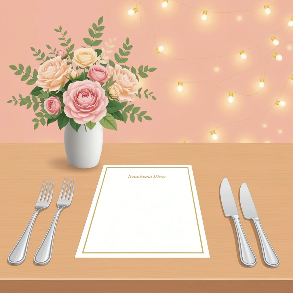 Rehearsal dinner invitation suite on a table with flowers and silverware, warm colors