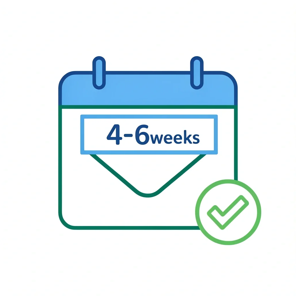 Calendar with highlighted date 4-6 weeks before dinner, with envelope and checkmark