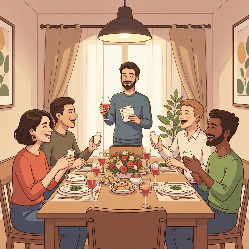 A person giving a toast at a rehearsal dinner table with guests smiling