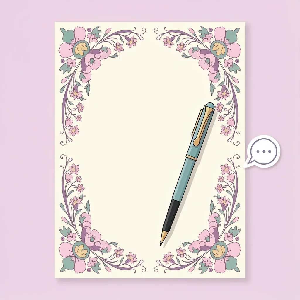 Elegant invitation card with floral border and pen, next to speech bubble icon