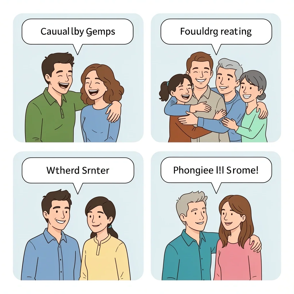 Relationship Levels Determine Greeting Formality Four character pairs representing close friends, family, coworkers, and strangers each with different greeting styles for a wedding card