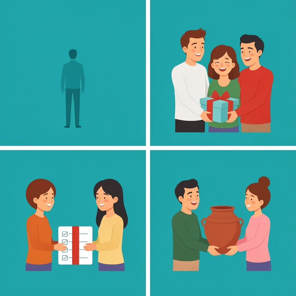 Tier-Based Wedding Gift Strategies Four vignettes illustrating gift strategies for distant guests, friends, close friends, and family members