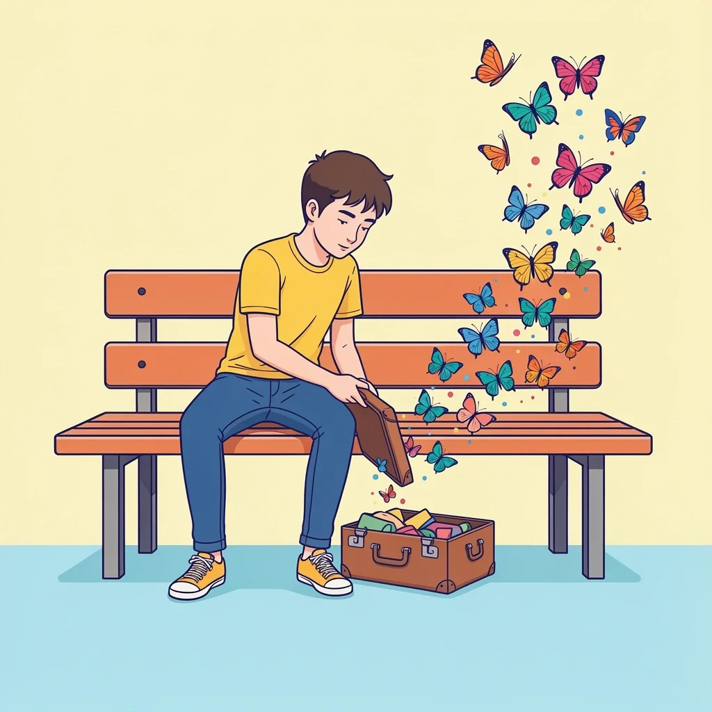Letting Go of Past Baggage Illustration Person opening suitcase with butterflies flying out, symbolizing letting go of past baggage for marriage