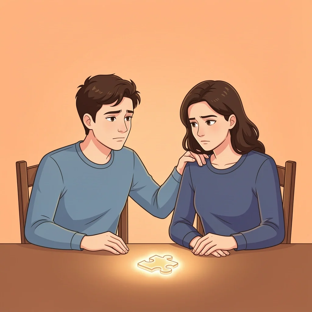 One partner gently talking to a reluctant partner about marriage counseling, with a glowing puzzle piece on the table showing connection