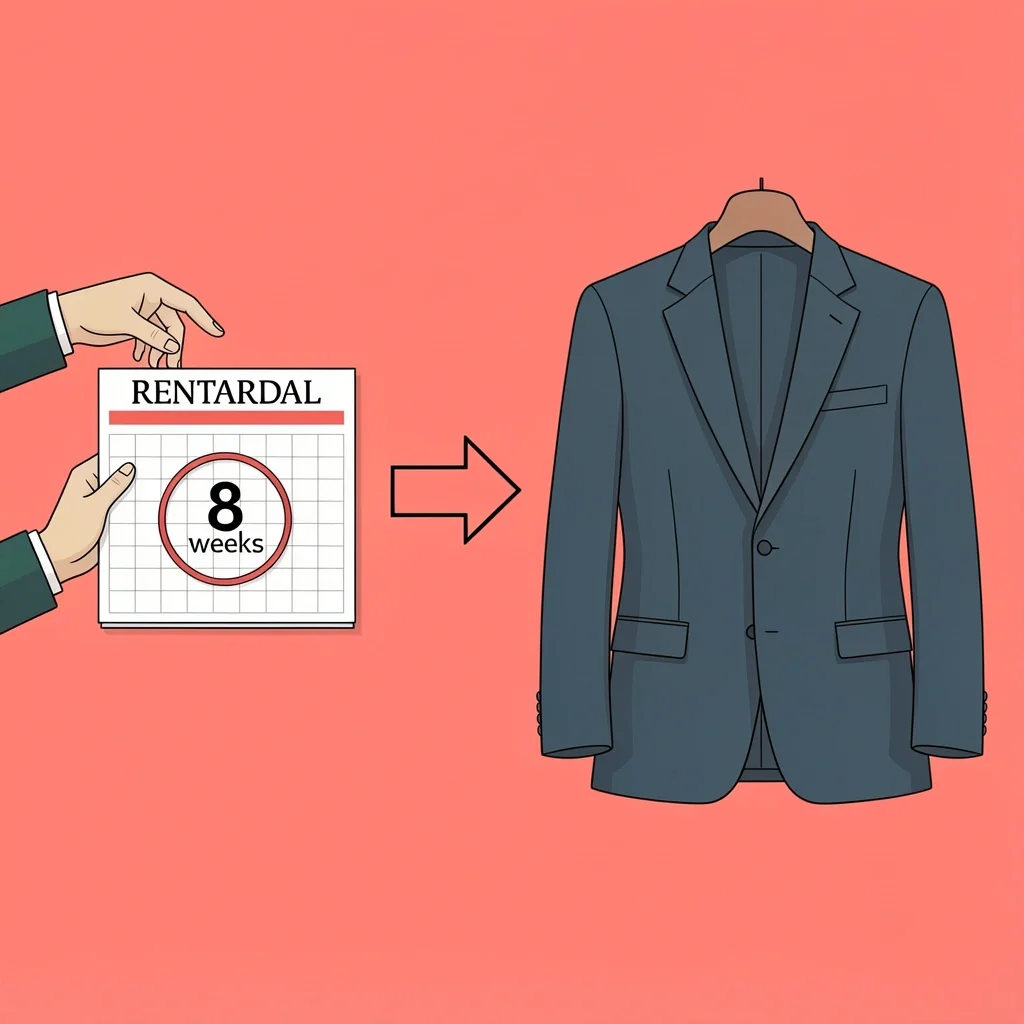 Illustration showing a hand with a rental calendar and a hand holding a tailored jacket, representing the rent vs buy decision.