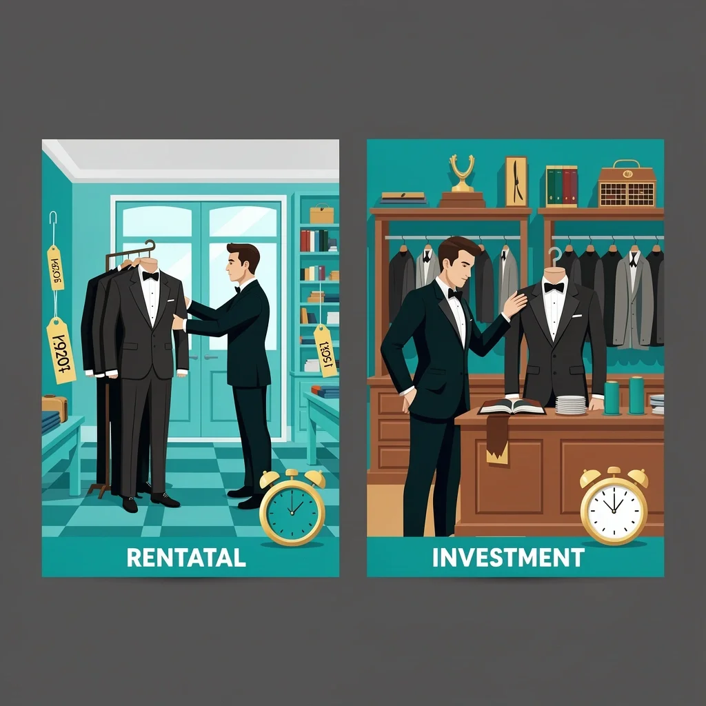 Rent or Buy Tuxedo for Church Wedding Comparison of renting vs buying a tuxedo for a church wedding with visual icons