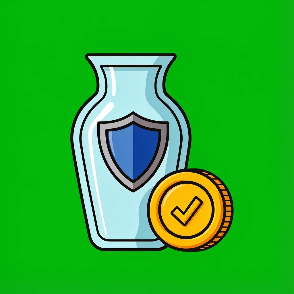 Rental Deposit Protection Glass vase with shield and coin with checkmark representing rental deposit protection