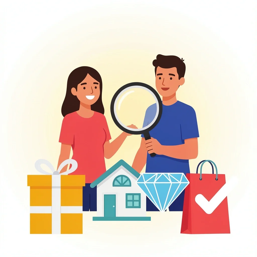 Illustration of a couple reviewing different wedding registry stores with a magnifying glass