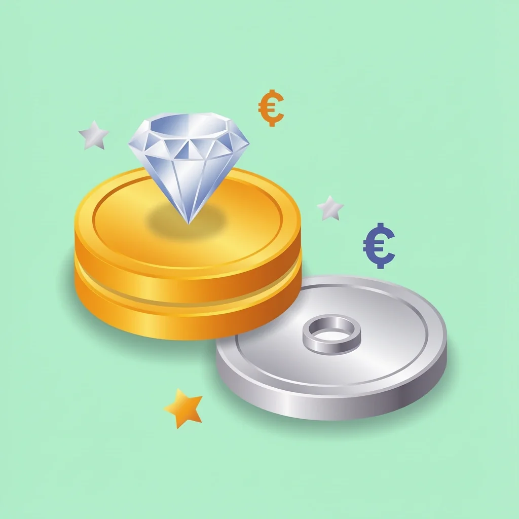 Budget Allocation for Engagement and Wedding Rings Two stacked coins: a larger gold coin with a diamond symbol and a smaller silver coin with a band symbol on mint green background