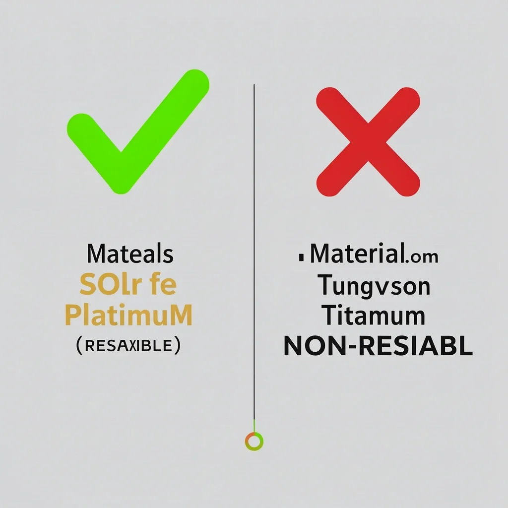 Ring Resizing by Material Two columns showing resizable materials with checkmark and non-resizable materials with X mark.