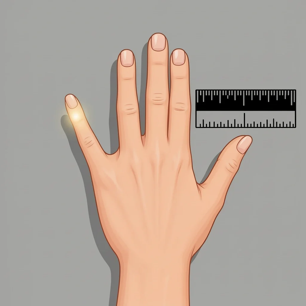 Ring Sizing and Finger Guide A hand with a glowing left ring finger and a ruler icon for measurement.