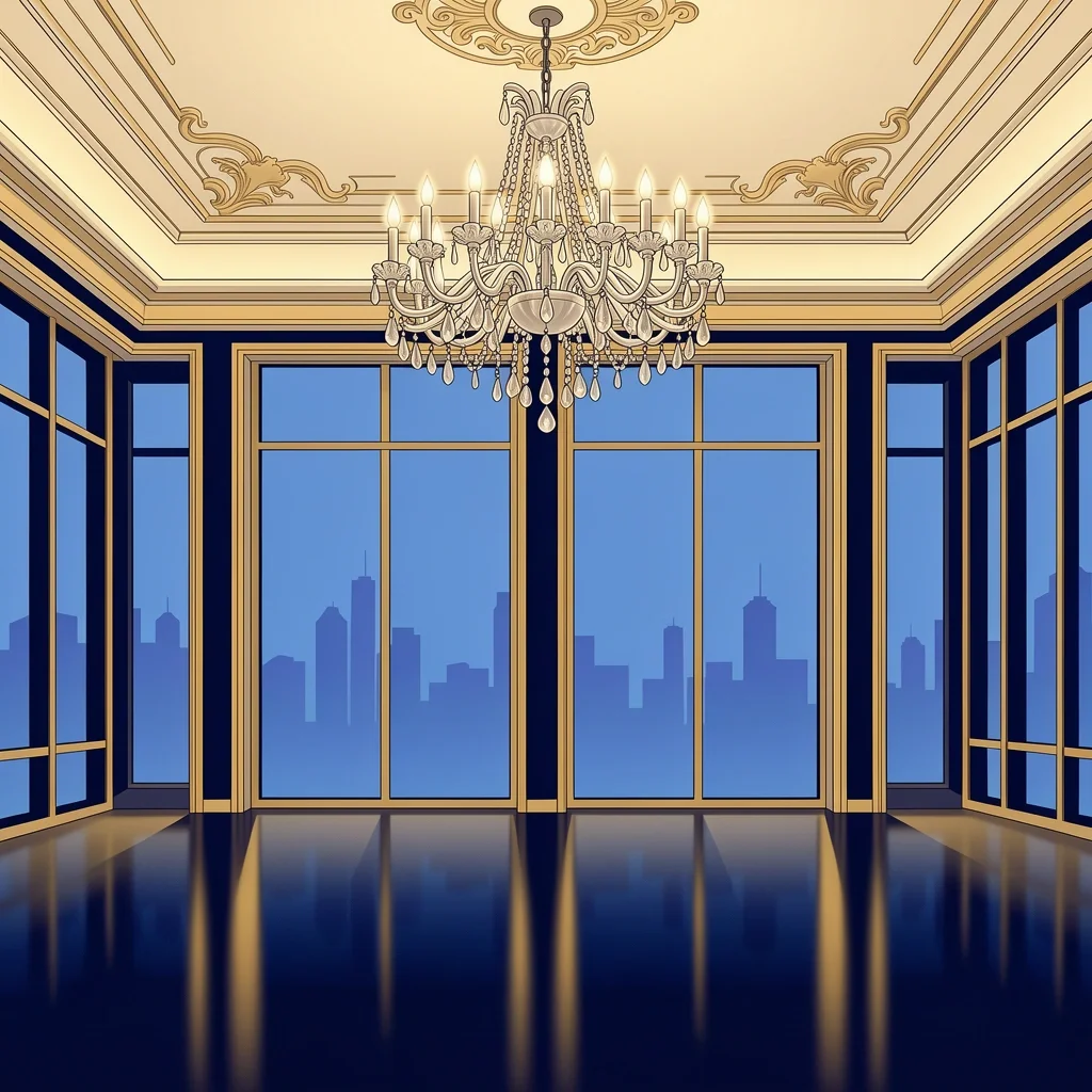 Elegant ballroom with crystal chandelier and city skyline view at The Ritz-Carlton Atlanta