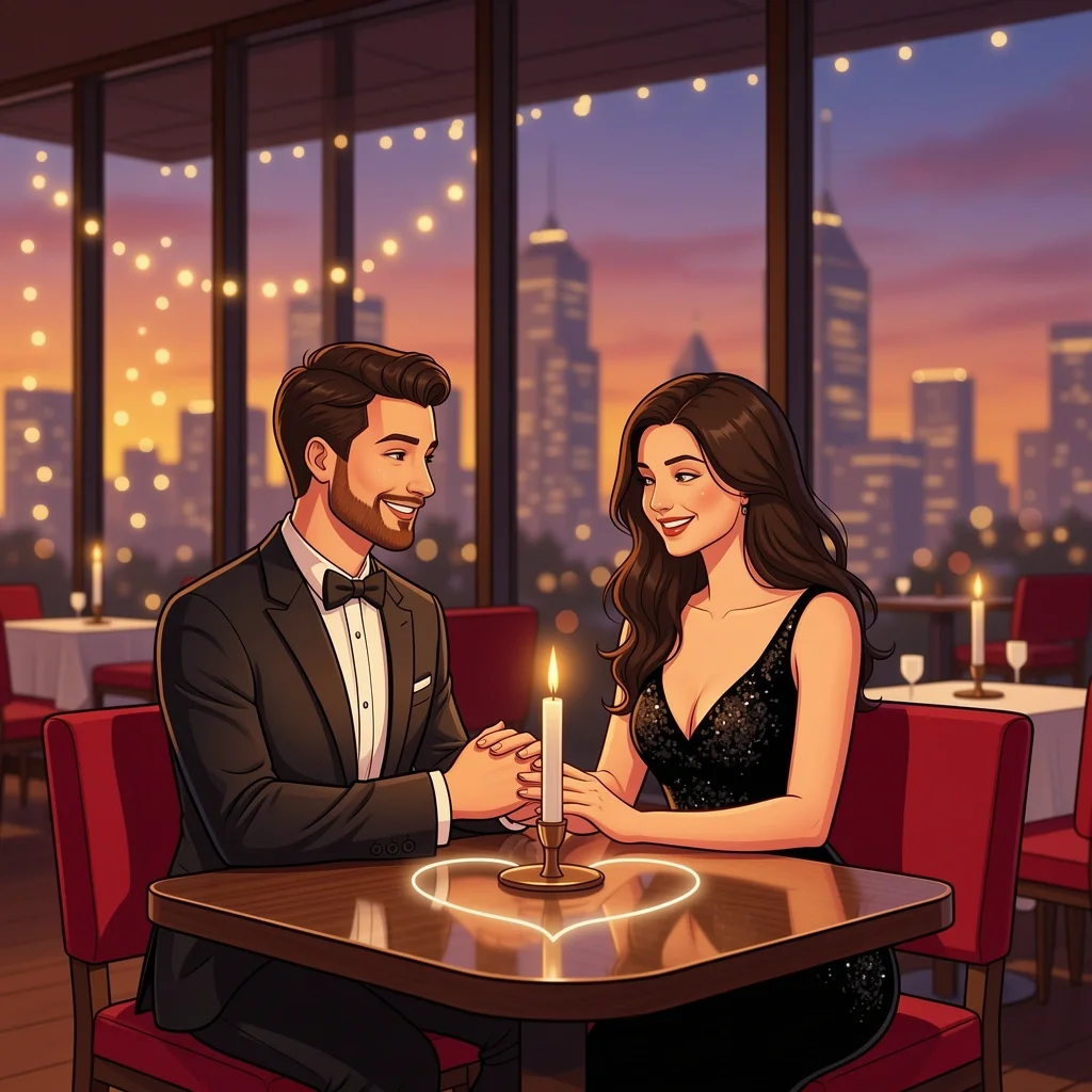 Romantic couple on a date night in a upscale Dallas restaurant with city skyline view