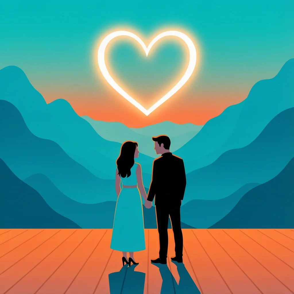 Romantic couple on deck overlooking misty mountains with glowing heart shape