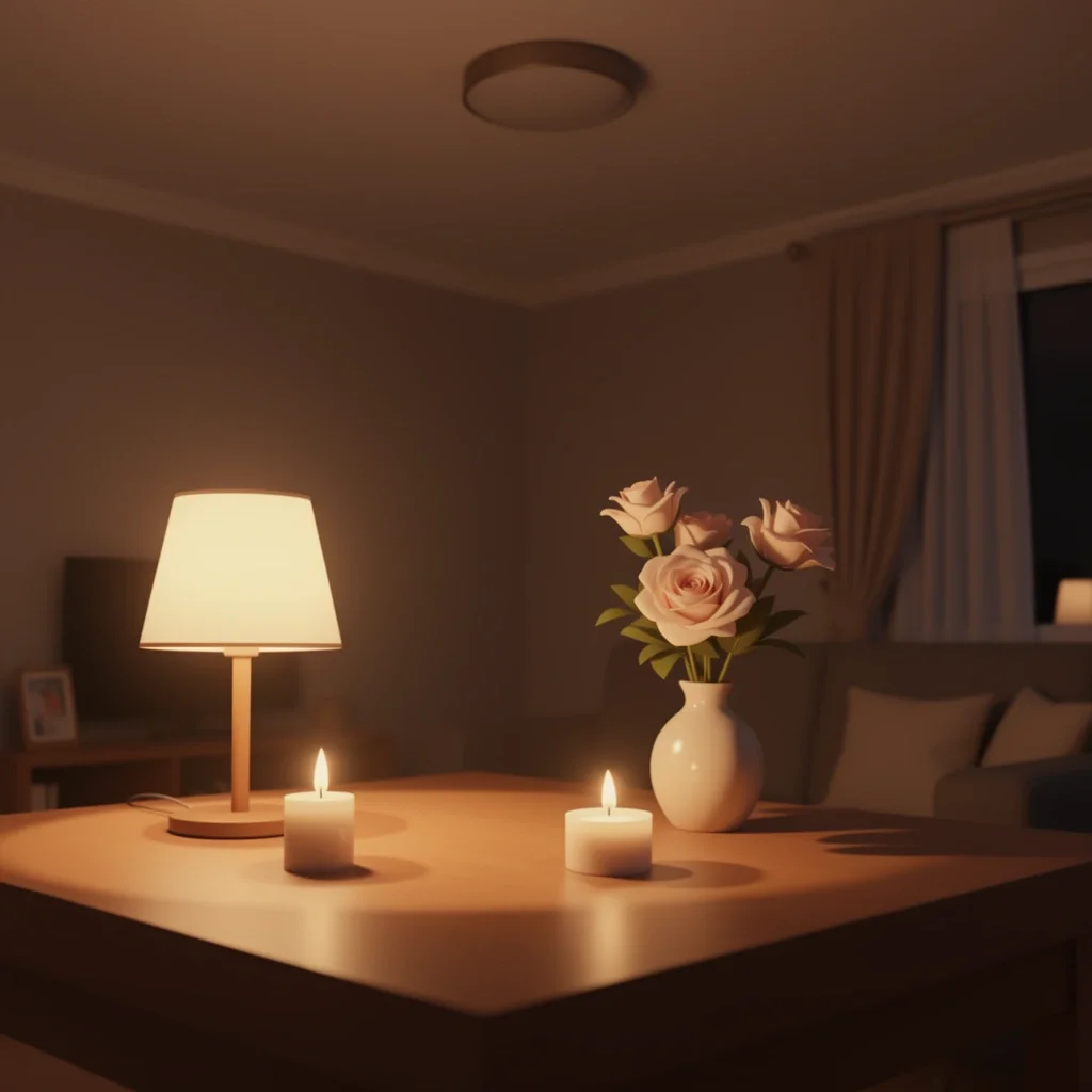 Romantic Lighting for Date Night Cozy romantic lighting setup with candles and lamp creating warm soft glow for date night