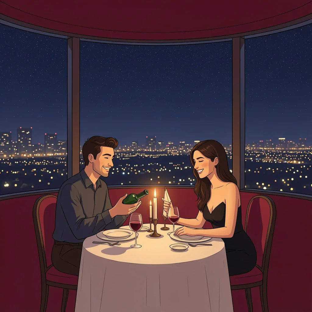 Romantic Splurge Date Night Rooftop Couple having romantic dinner at revolving rooftop restaurant with city night view