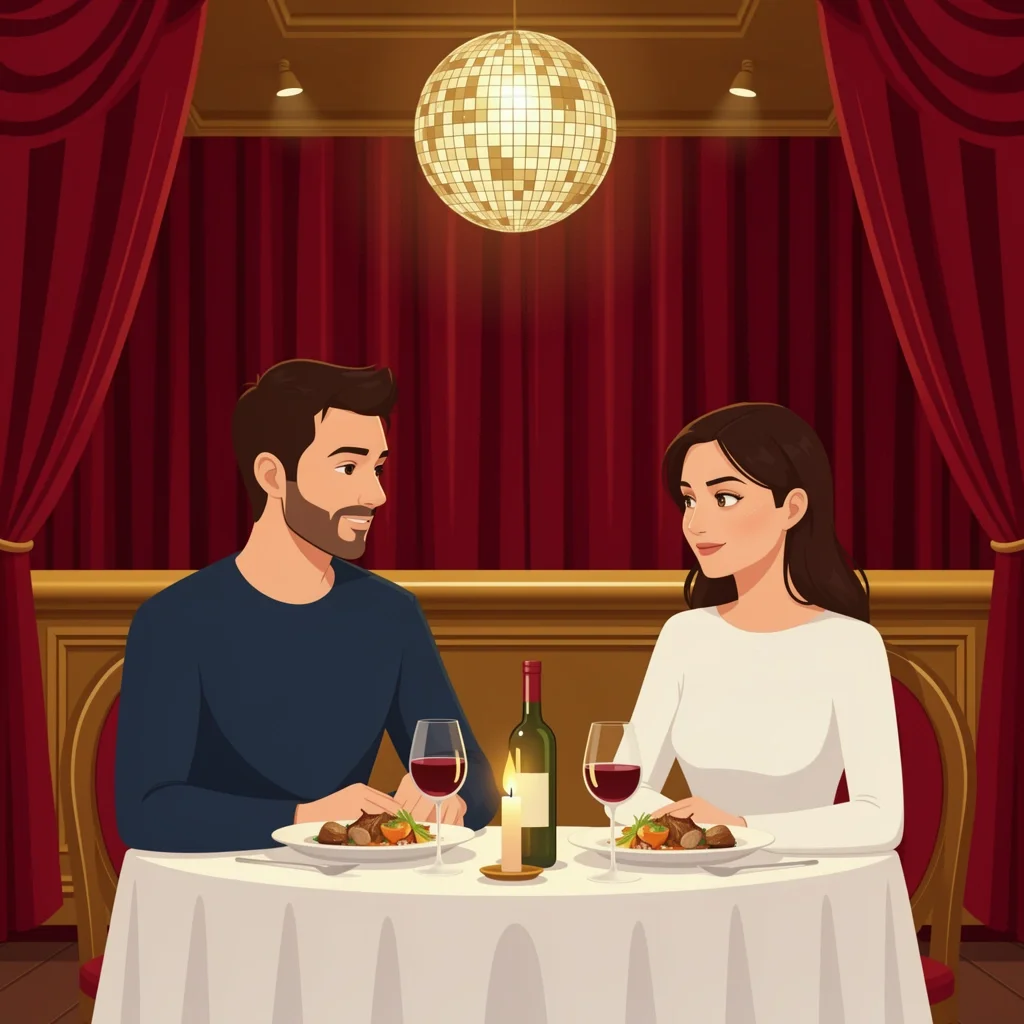 Splurge-Worthy Romantic Dinner Romantic couple enjoying a candlelit dinner at an upscale Dallas restaurant with red velvet decor