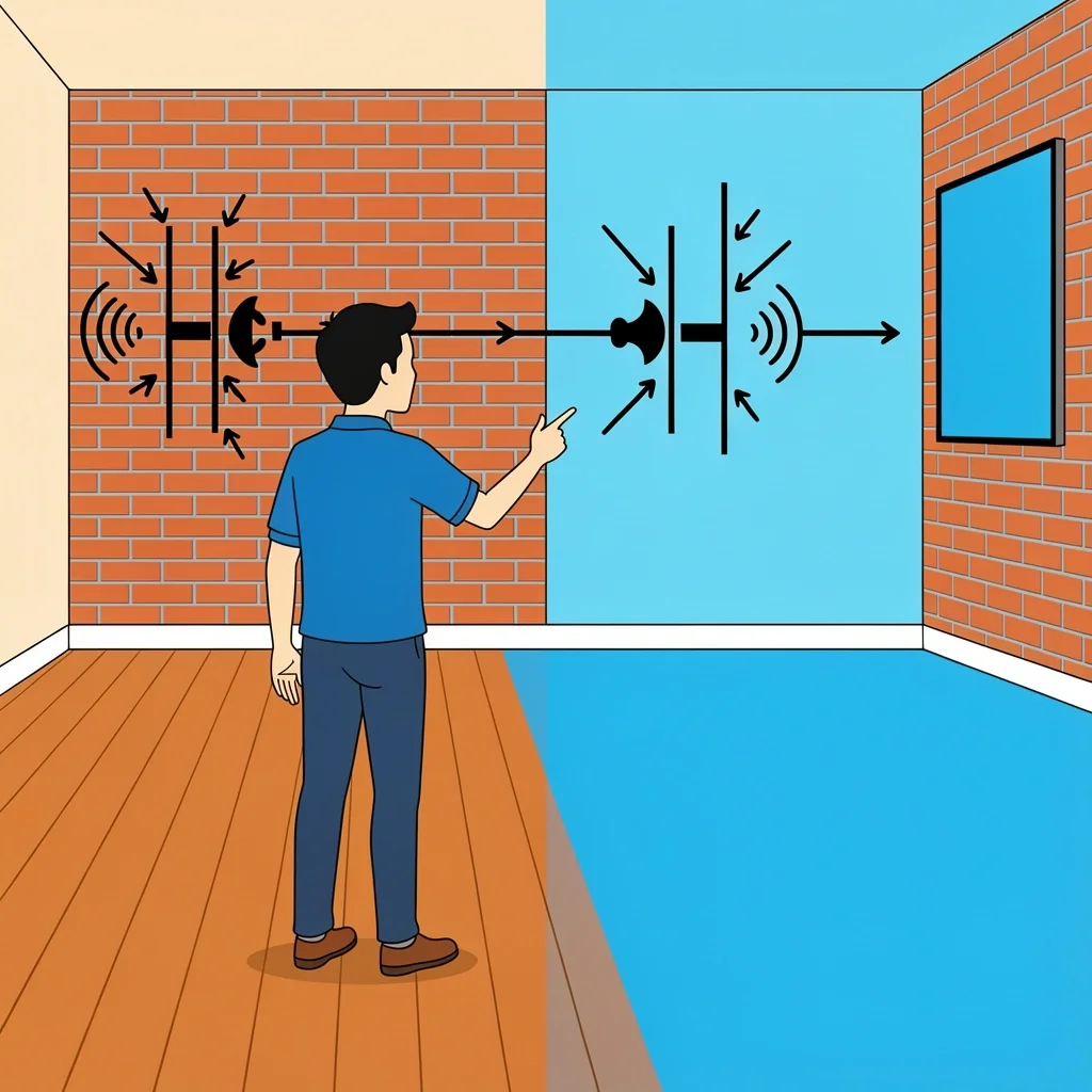 Room Acoustics for Small Wedding Person analyzing room acoustics with sound waves reflecting off hardwood and absorbing into carpet