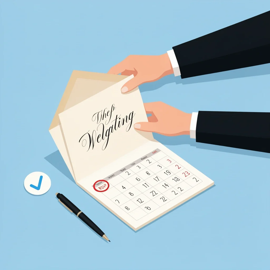 RSVP Wedding Invitation Response Person opening wedding invitation with RSVP deadline circled on calendar