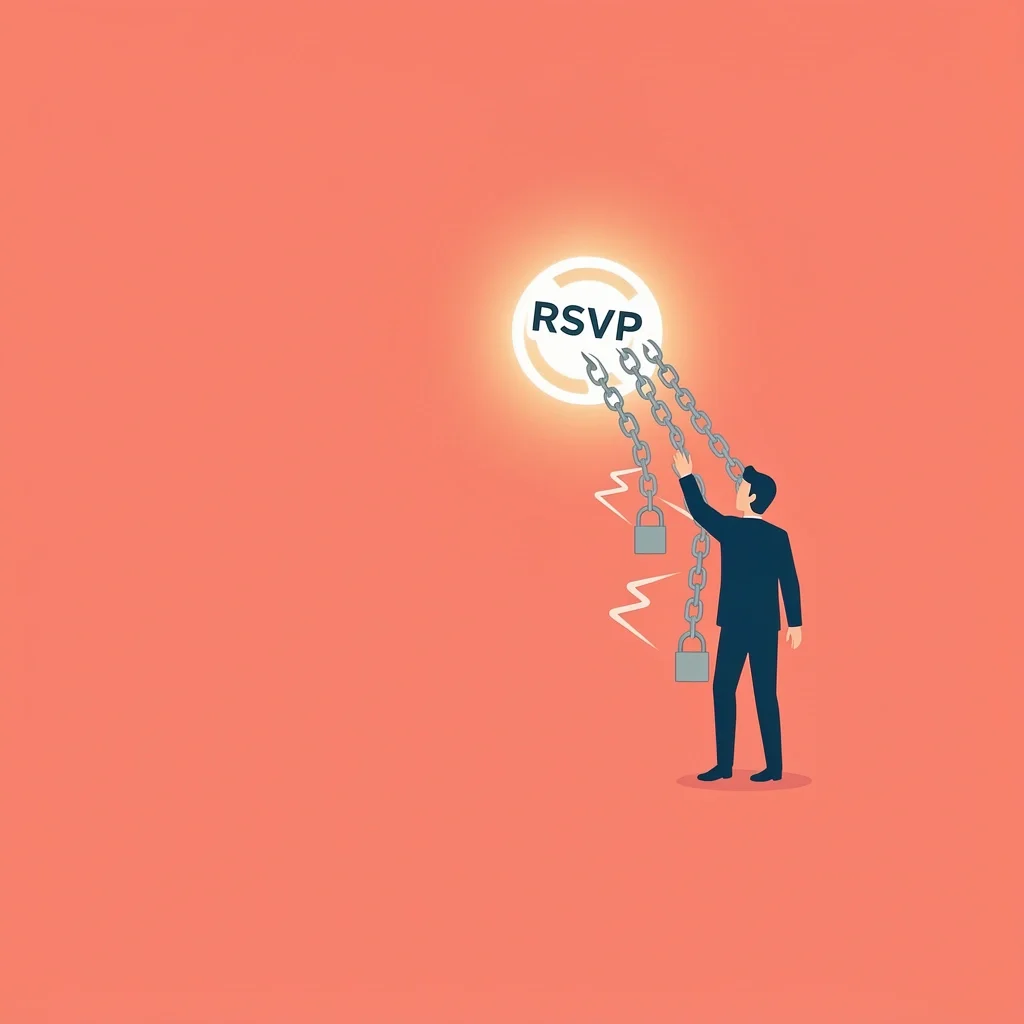 Person reaching for RSVP button blocked by barriers symbolizing friction
