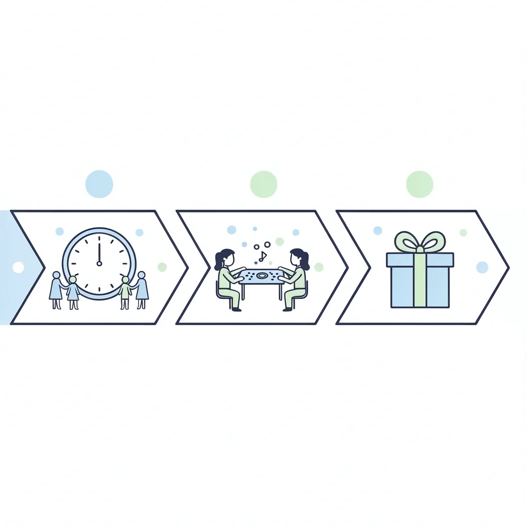 Horizontal timeline with arrival clock, game play, and gift box illustrating how to sequence bridal shower games
